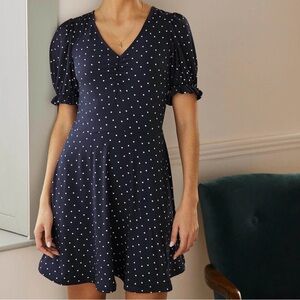 NWT Boden V-Neck Jersey Dress Navy White Pin Dot, size 10R